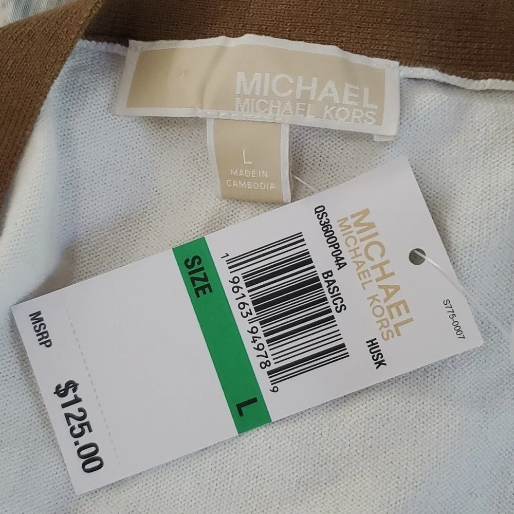 NWT Michael Kors Women's Cardigan Sweater, tan and white stripes Size L